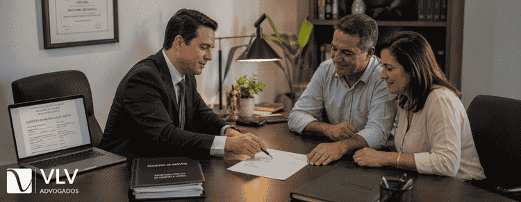 Usucapião ordinária: o que é e quais os requisitos? 3 Advogado em reunião com casal de clientes revisando escritura de imóvel em escritório jurídico para regularização via usucapião ordinária.