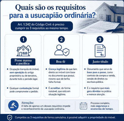 Usucapião ordinária: o que é e quais os requisitos? 2 Infográfico com os três requisitos da usucapião ordinária: posse mansa, boa-fé e justo título.