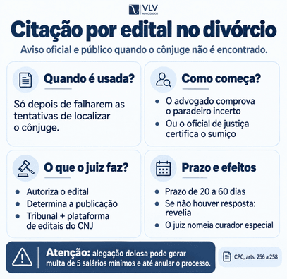 Infográfico sobre citação por edital no divórcio e seus principais efeitos.