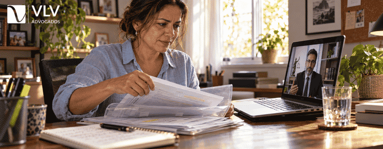 Execução fiscal: o que é, como funciona e o que fazer? 2 Mulher organizando documentos em videochamada com advogado