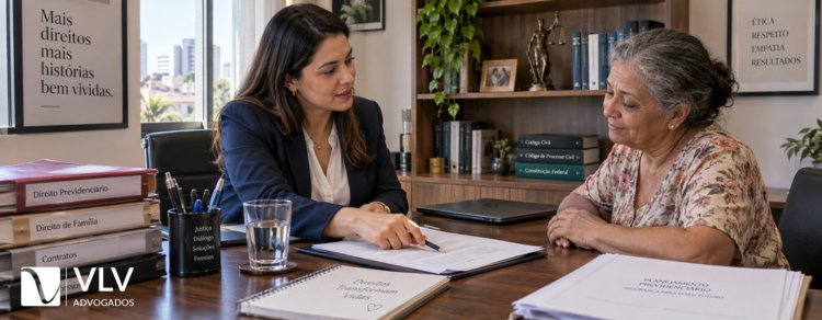 Advogada explicando documentos de inventário para uma cliente idosa no escritório.