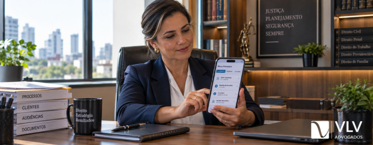O que é o registro de CID (Classificação Internacional de Doenças)? 2 Advogada consultando acompanhamento processual no celular