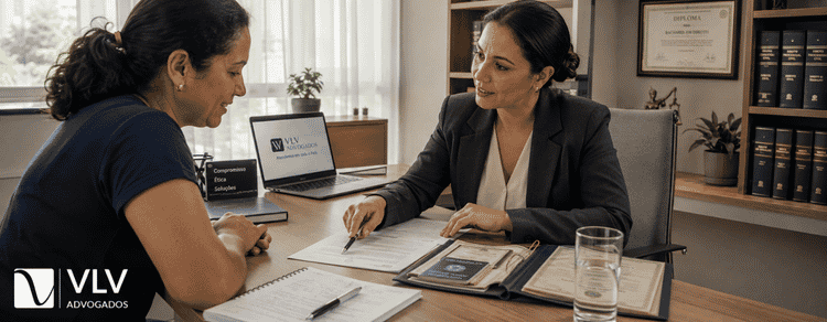 Rescisão por falecimento do empregado: o que a família recebe e como sacar 3 Advogada trabalhista explicando documentos a familiar de trabalhador falecido, analisando individualmente os direitos na rescisão por falecimento do empregado.