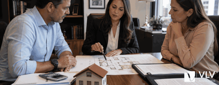proprietários fazendo divisão de imóveis junto com advogada
