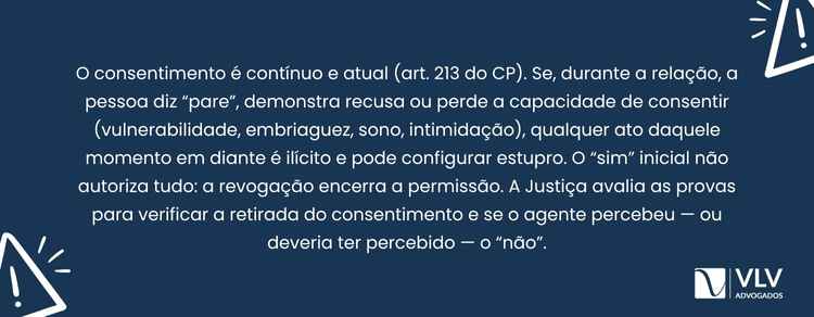 Retirar o consentimento encerra o ato; insistir é estupro.