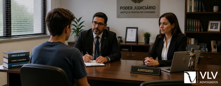 O filho pode escolher com quem quer ficar no divórcio? 2 filho falando com oficial de justiça sobre o divórcio na presença de advogada