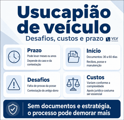 Usucapião de carro é possível? Guia completo 2026 2 Infográfico sobre prazo, custos e desafios da usucapião de veículo.
