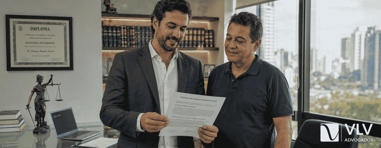 Advogado do VLV Advogados orientando cliente sobre a venda segura de um terreno.