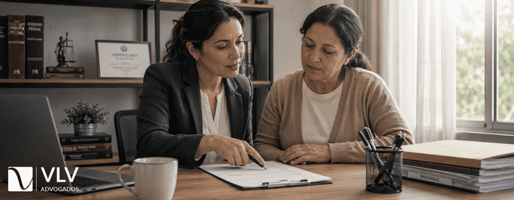 Cela especial: quem ainda tem direito após a decisão do STF? 3 Advogada explicando documento sobre cela especial a cliente sentada à mesa em escritório iluminado.