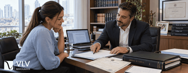 Casamento não consumado: anulação ou divórcio? 3 Mulher conversando com advogado de família e analisando documentos do casamento.