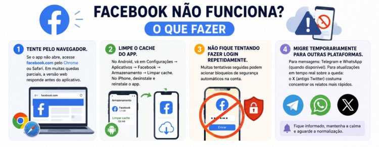 Problemas no Facebook? O site está fora do ar, mas o que aconteceu? 2 infográfico explicando o que fazer se o facebook não funciona