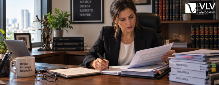 Advogada analisa cuidadosamente os documentos de um caso de estupro marital