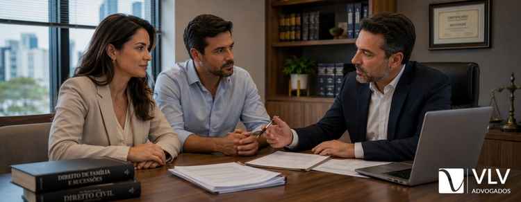 Comunhão de bens: quais são os tipos no casamento? Guia 2026 2 Casal em reunião com advogado analisando documentos sobre comunhão de bens