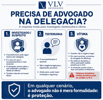 Acompanhamento em delegacia: o apoio ao cliente! 2 infográfico explicando se é necessário contratar advogado para ir à delegacia