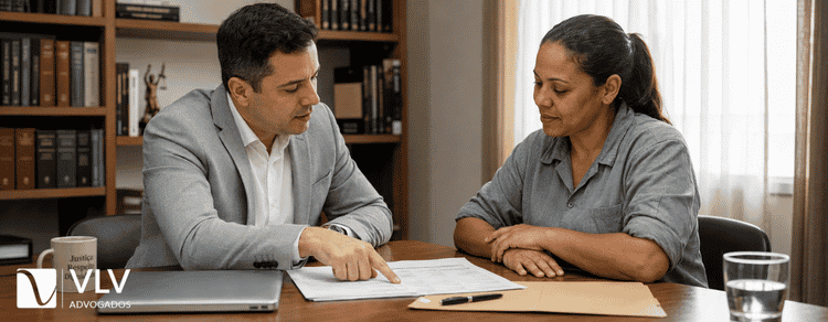 Advogado explicando contracheque a trabalhadora durante atendimento jurídico