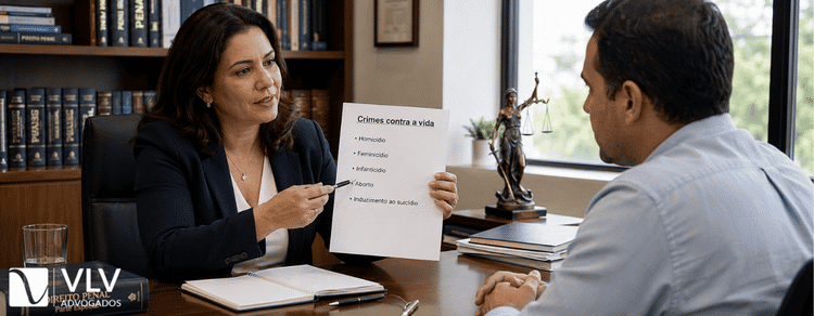 Crimes contra a vida: penas e como funciona o júri 2 Homem denunciando crimes contra a vida com advogada