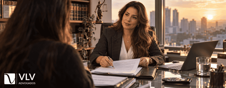Advogada orientando cliente sobre dívida de anuidade com o conselho