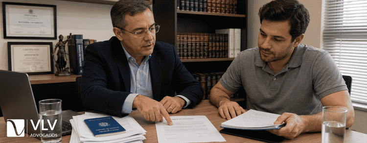 Reversão de justa causa: é possível anular uma demissão? 3 Advogado trabalhista analisando com o cliente os documentos da demissão por justa causa para reversão de justa causa