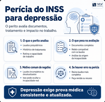 Depressão dá direito à aposentadoria? Descubra como comprovar e solicitar em 2026 2 Infográfico sobre a perícia do INSS para casos de depressão.