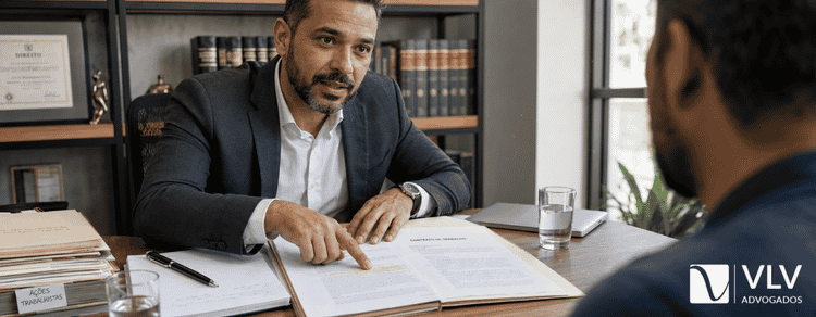 Os 10 problemas trabalhistas mais comuns: como identificar, provar e resolver 2 Advogado analisando documentos trabalhistas e orientando cliente durante atendimento no escritório.