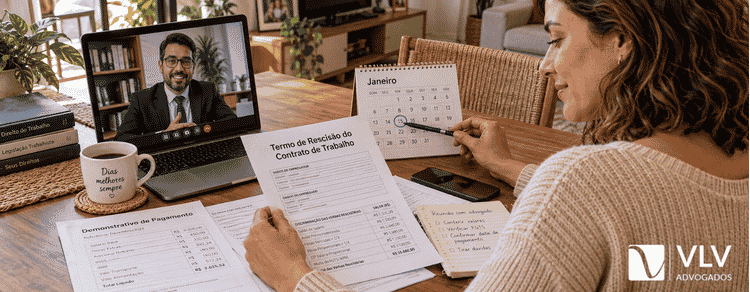Você não pode ser demitido em dezembro? O que diz a lei 2 Mulher conferindo termo de rescisão e calendário em videochamada com advogado.