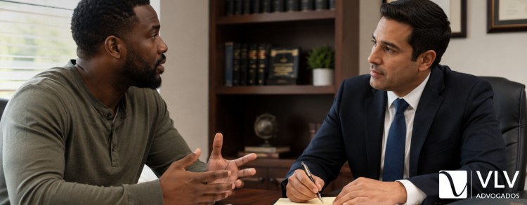 Crime de racismo: o que é, penas e como denunciar? 2 homem vítima de racismo falando com um advogado
