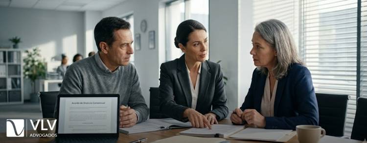Tipos de divórcio: quais são e qual escolher? 3 casal analisando tipos de divórcio com auxílio de advogado
