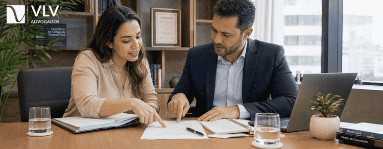 Leis trabalhistas no Brasil: guia dos seus direitos e das mudanças recentes 3 Advogado explicando um documento a uma cliente em sala de reunião, analisando quais leis trabalhistas se aplicam ao caso.