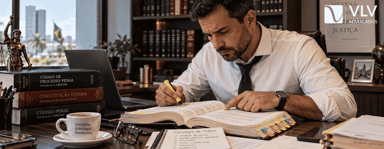 Advogado consultando código de processo penal (cpp) sobre a mesa.