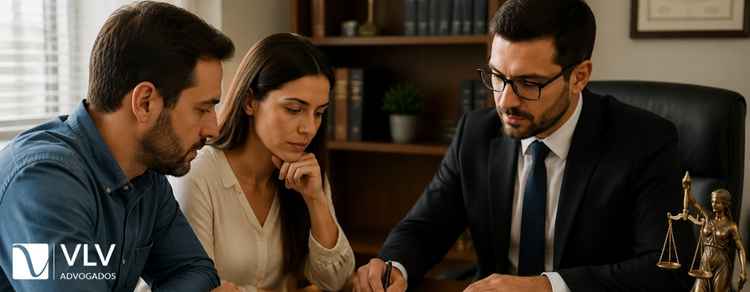 casal em uma consulta jurídica de divórcio com um advogado em escritório, revisando documentos legais