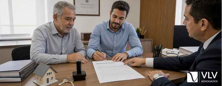 Como doar imóvel para filho sem que o cônjuge receba? 3 Pai e filho assinam escritura de doação de imóvel em cartório,