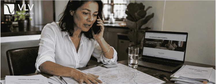 Manutenção de posse: as 8 principais dúvidas respondidas 3 Mulher ao telefone com documentos de imóvel na mesa tomando providências para proteger sua posse.