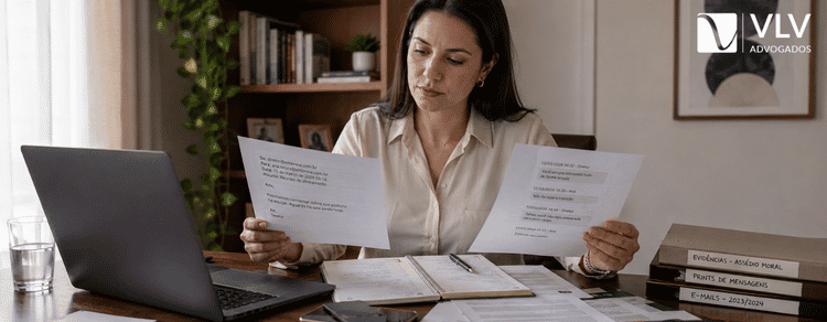 Como provar assédio moral no trabalho: quais provas usar? 3 Trabalhadora revisando provas de assédio moral antes de decidir os próximos passos.