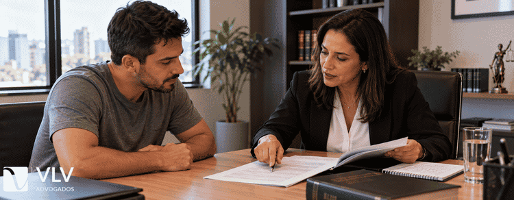 Advogada explicando documento a cliente em reunião.