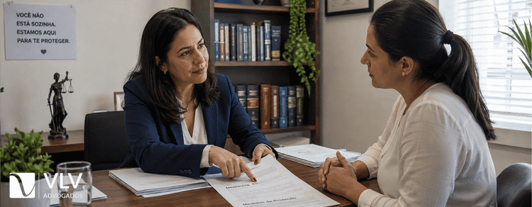 O que é violência doméstica? Tipos, denúncia e proteção 2 Advogada auxiliando mulher em ambiente de violência doméstica