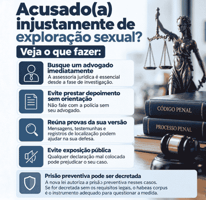 O que é exploração sexual, o que a lei diz e como combater? 2 Infográfico orienta como agir diante de acusação injusta de exploração sexual.