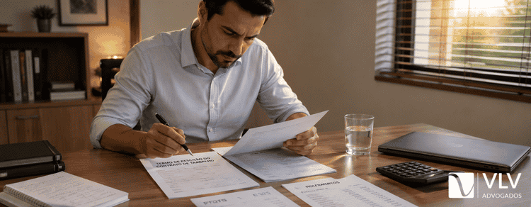 Trabalhador analisando documentos antes de decidir sobre a demissão.