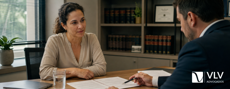Consumação e tentativa de crime: qual a diferença? 2 Mulher ouvindo advogado explicando documentos durante atendimento sobre caso criminal.