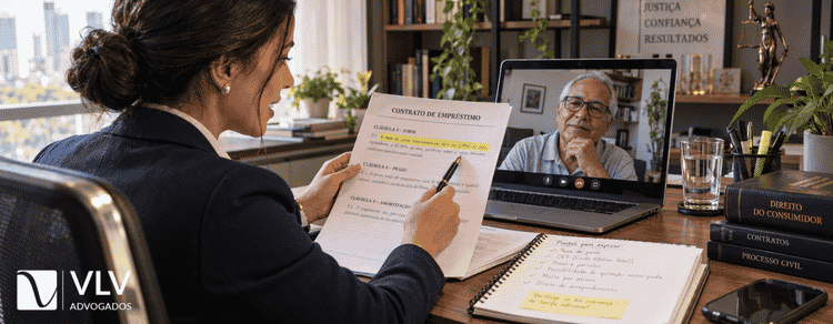 Quando cabe a revisão de contrato de empréstimo consignado? Veja os casos, prazos e riscos 2 Advogada explicando cláusula de contrato de consignado a aposentado em atendimento online.