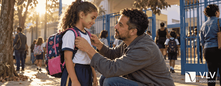 O que é poder familiar? Guia atualizado sobre direitos e deveres 3 Pai ajoelhado ajustando a mochila da filha na porta da escola