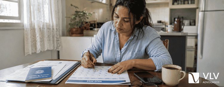Prazos trabalhistas: quanto tempo você tem para cobrar cada direito 3 Mulher marcando data em calendário e conferindo documentos trabalhistas sobre a mesa.