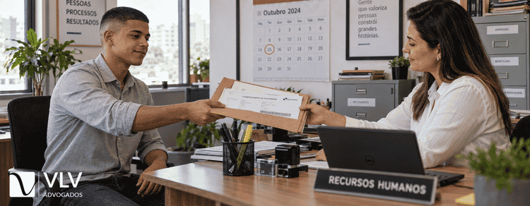 Jovem entregando documentos ao RH para retornar ao emprego após o serviço militar.