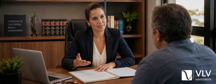 Advogada orientando cliente em consulta jurídica sobre pensão