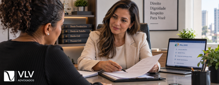 Advogada explicando documento a cliente em escritório previdenciário