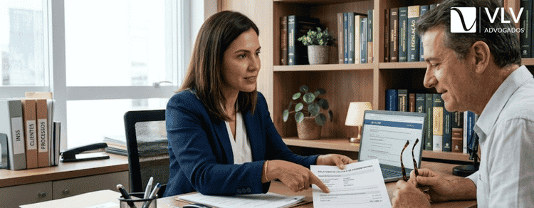 Como calcular quanto vou receber de aposentadoria? Guia 2026 2 Advogada previdenciária explicando cálculo de aposentadoria a cliente em escritório jurídico.