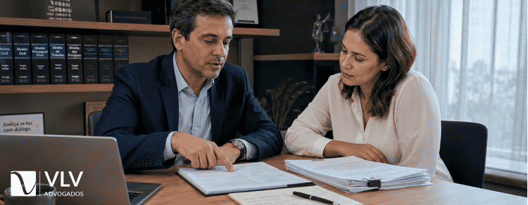 Advogado explicando mandado judicial para cliente sentada à mesa durante atendimento no escritório.