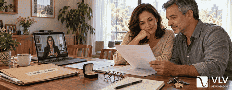 Casal analisando documentos da partilha em videochamada com advogada