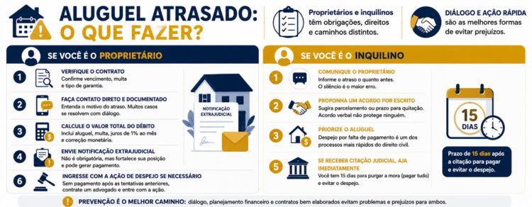 infográfico explicando o que fazer em caso de aluguel atrasado