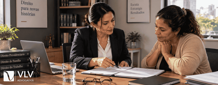 Salário-família 2026: quem tem direito, valor e como solicitar 2 Advogada explicando documentos a uma cliente em mesa de escritório, apontando um ponto do papel durante o atendimento.
