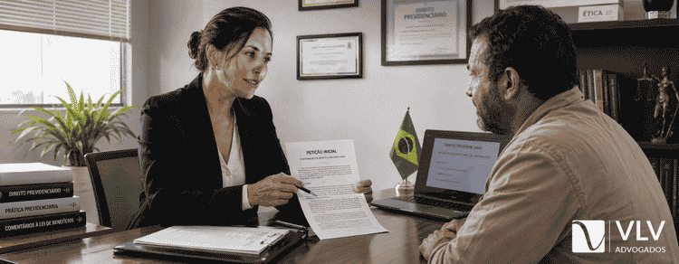 Advogada orientando cliente sobre aposentadoria especial por insalubridade em consultório jurídico.